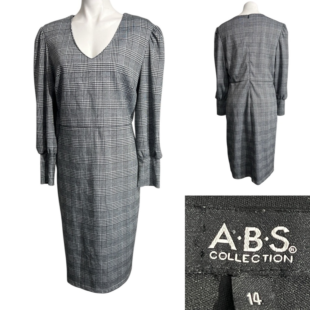 ABS Allen Schwartz dress sz 14 black /white Plaid‎ houndstooth 3/4 sleeve v-neck